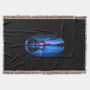 Guitar Sunset Sky Trees City Lake Reflection Throw Blanket