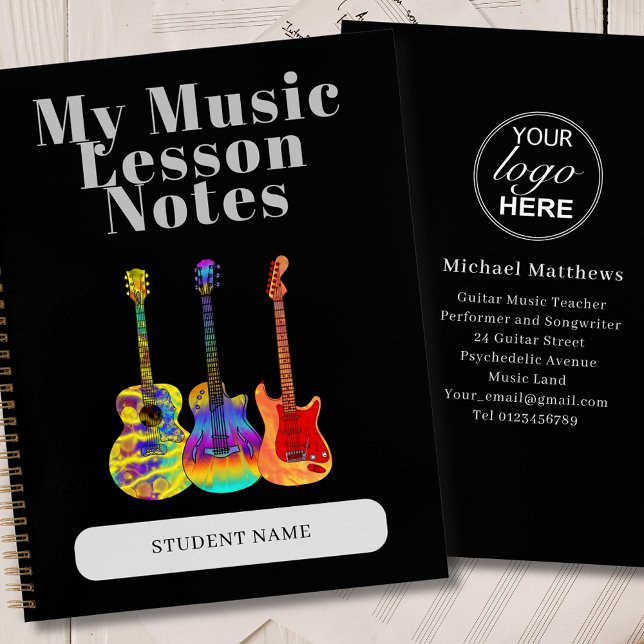 Guitar Teacher Custom Student Music Lesson Notebook (Guitar teacher music lessons custom student name notebook With your logo here and business details)