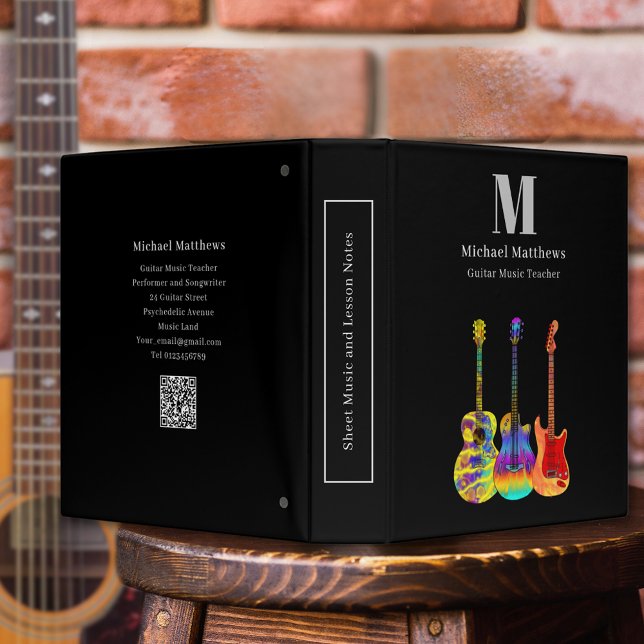 Guitar Teacher Music Lessons QR Code Binder (Guitar teacher music lessons business custom binder with website QR code and personalized monogram)
