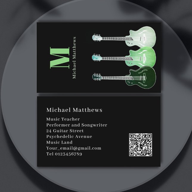 Guitar Teacher Musician Performer QR Code Business Card (Guitar music teacher songwriter musician performer website QR Code black white green business card)