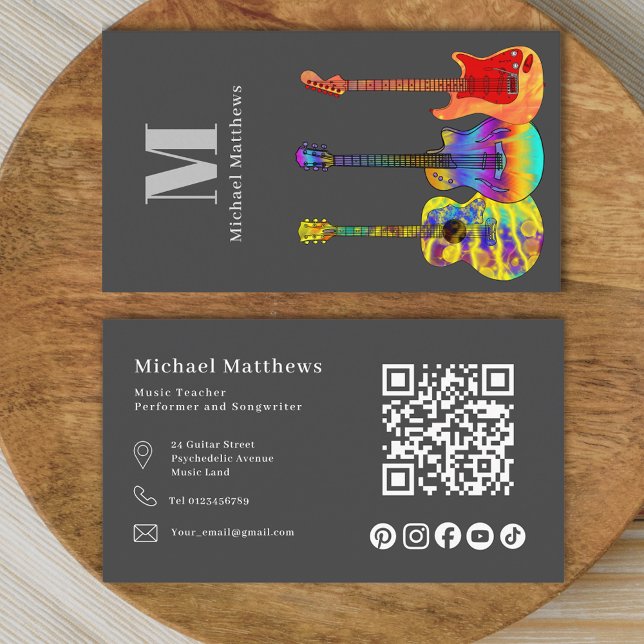 Guitar Teacher QR Code and Social Media Business Card (Modern guitar music teacher professional musician qr code social media Business card Charcoal gray )