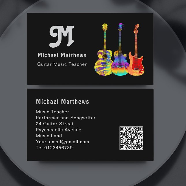 Guitar Teacher QR Code Custom Business Card (Modern Guitar Teacher Social Media Logo custom template sleek black Business Card  )