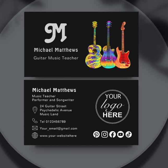 Guitar Teacher QR Code Custom Business Card (Retro guitar teacher custom logo social media black business card)