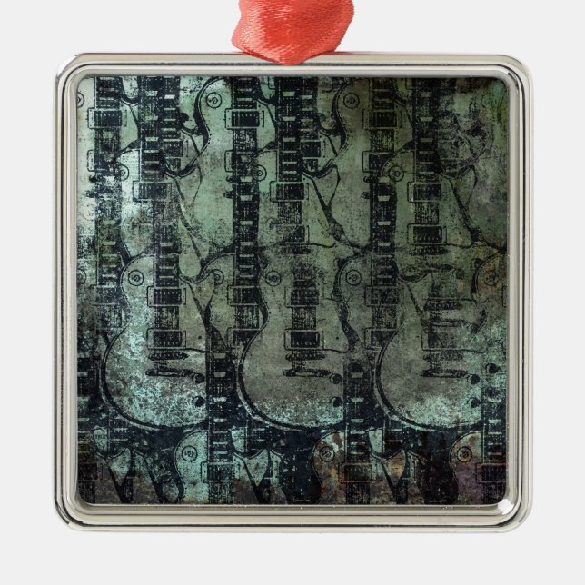 Guitar Teal Green Black Collage Metal Ornament (Front)
