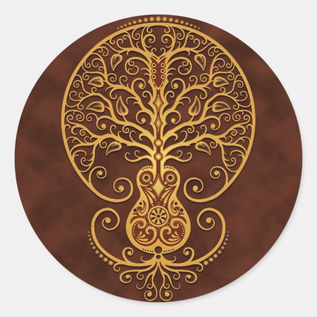 Guitar Tree, Golden Brown Classic Round Sticker (Front)