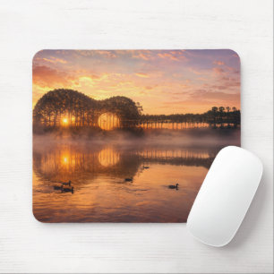 Guitar Tree Silhouette with Ducks on Lake Water Mouse Pad