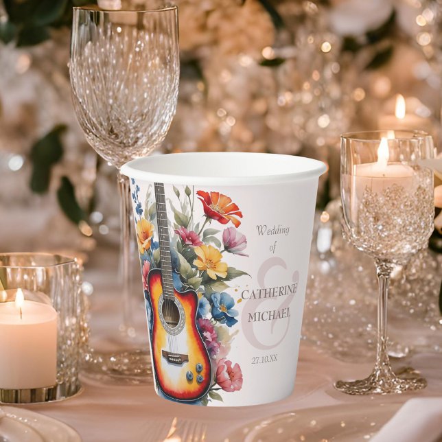 Guitar Wildflower Ampersand Musical Wedding  Paper Cups (Front view music theme wedding guitar wildflower meadow rustic reception Paper Cup
)