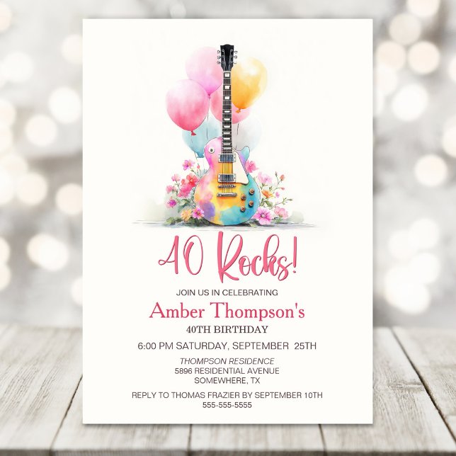 Guitar with Balloons 40th Birthday Party Invitation (Creator Uploaded)