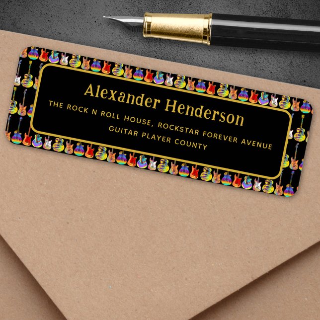 Guitare Black and Gold Custom Adresse de retour (Guitar music business custom black and gold return address labels)