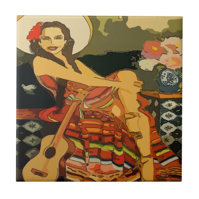 Guitare flamenco femme carreaux murale (Devant)