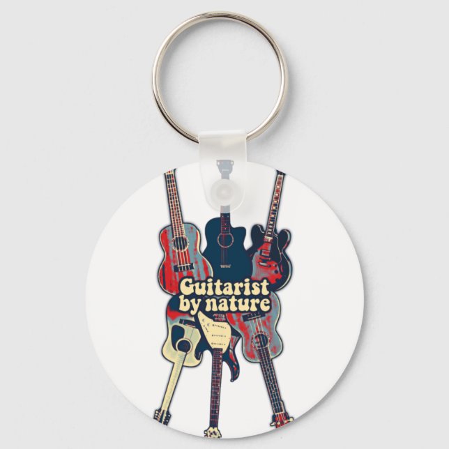 Guitarist by nature. vintage colourful guitars keychain (Front)