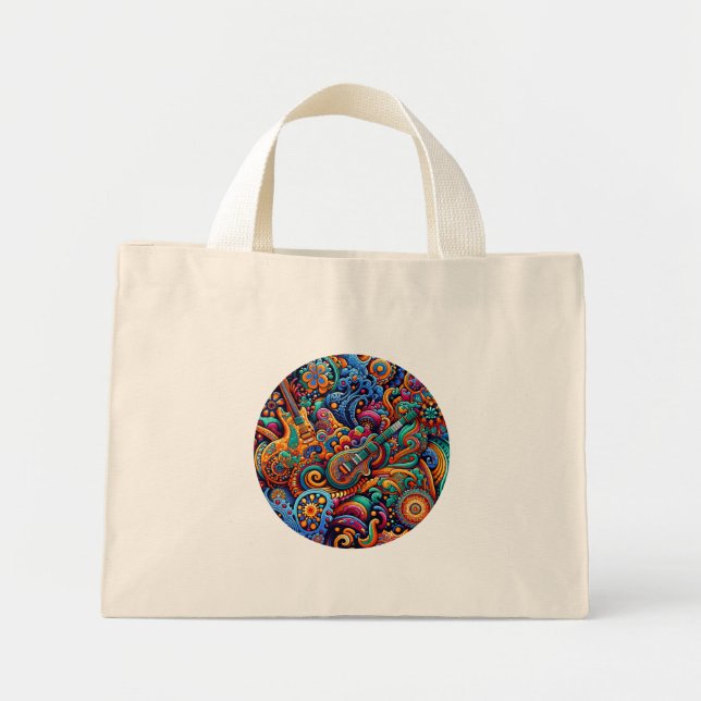 Guitars in mandala batik style mini tote bag (Front)