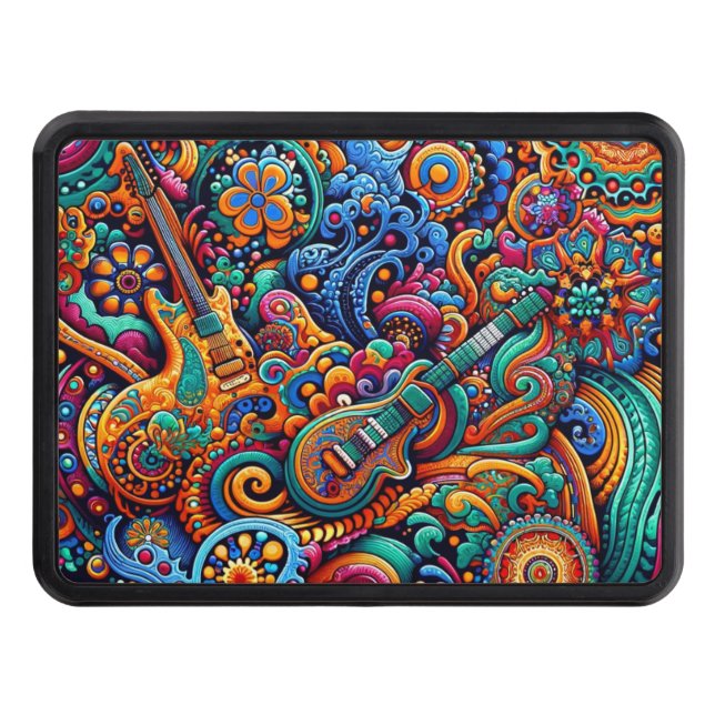 Guitars in mandala batik style trailer hitch cover (Front)