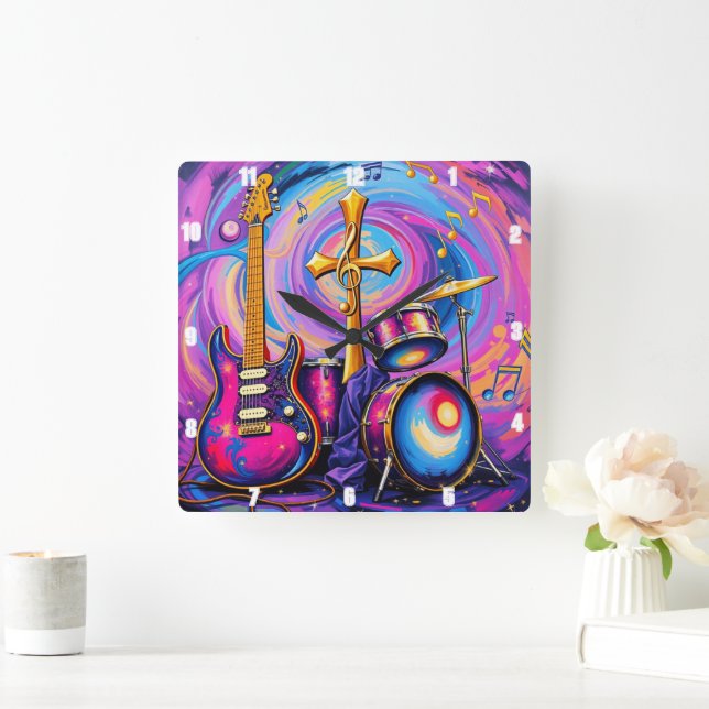Guitars Music Worship Cross Art Square Wall Clock (Home)