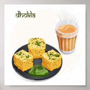 Gujarati Dhokla & Hot Masala Chai Indian Food Art Poster
