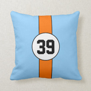 Gulf Blue & Orange Custom Racing Number Pillow