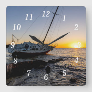 Gulf Breeze Sailboat And Jetty Sunset Clock