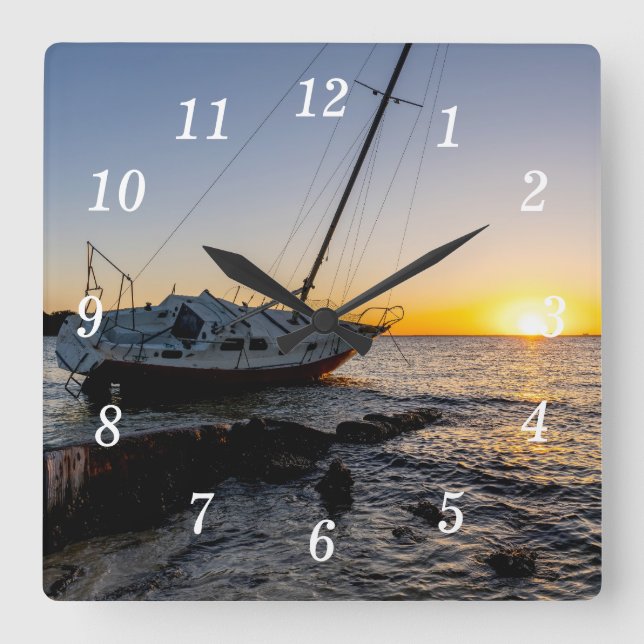 Gulf Breeze Sailboat And Jetty Sunset Clock (Front)