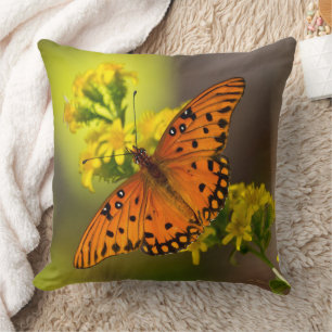 Gulf Fritillary aka Passion Butterfly on Goldenrod Throw Pillow