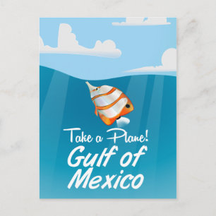 Gulf of Mexico travel poster cartoon. Postcard