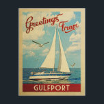 Gulfport Sailboat Vintage Travel Mississippi Postcard<br><div class="desc">This Greetings From Gulfport Mississippi vintage travel nautical design features a boat sailing on the water with seagulls and a blue sky filled with gorgeous puffy white clouds.</div>
