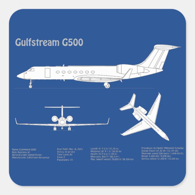 Gulfstream G500 - Airplane Blueprint Plans ABD Square Sticker (Front)