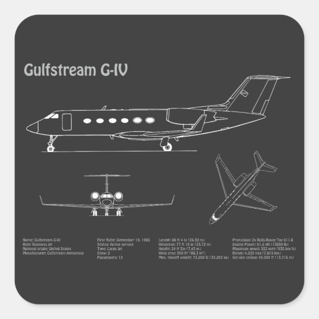 Gulfstream G-IV - Airplane Blueprint Plans PD Square Sticker (Front)