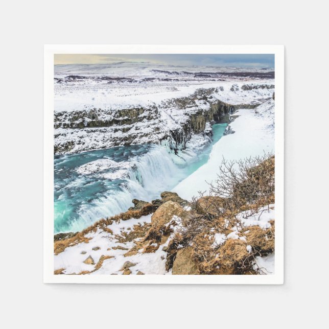 Gullfoss Iceland Waterfall Winter Landscape Snowy Napkin (Front)