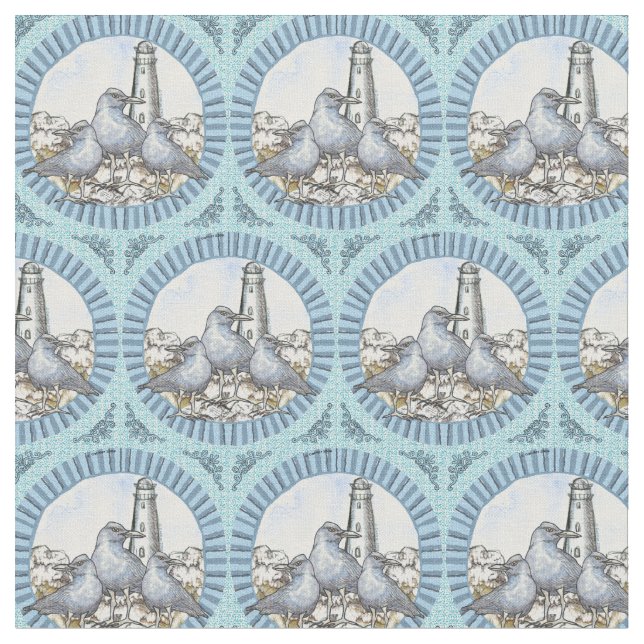 Gulls Guide Lighthouse Fabric (Close Up)