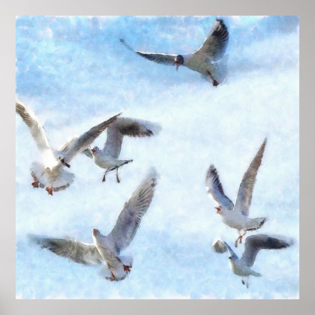 Gulls In Flight Watercolor Poster (Front)