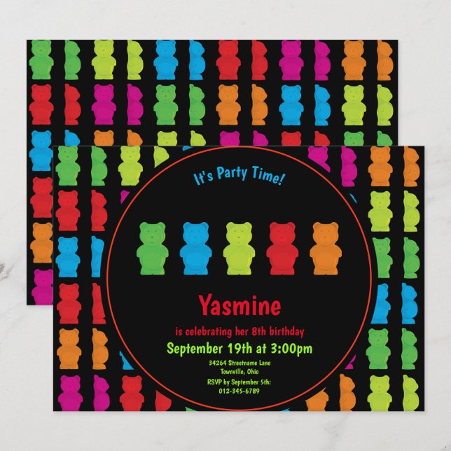 Gummy Bear Pattern Kid’s Birthday Black Invitation (Front/Back)