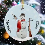 Gun Lover Shooting Shooter Snowman Ceramic Ornament<br><div class="desc">This design may be personalized in the area provided by changing the photo and/or text. Or it can be customized by clicking Personalize this Template and then choosing the click to customize further option and delete or change the colour of the background, add text, change the text colour or style,...</div>