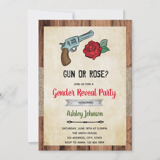 Gun or rose gender reveal invitation (Front)