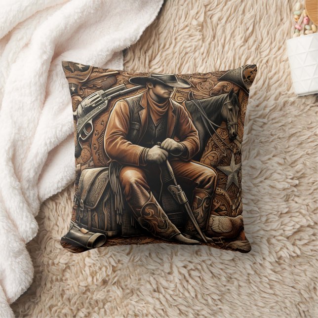 Gun-Slinging Cowboy: Wild West Portrait Throw Pillow (Blanket)