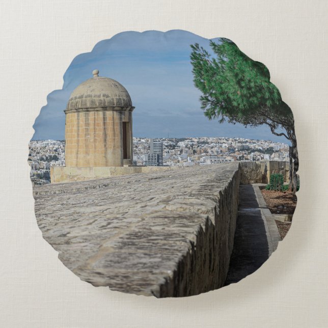 Gun turret on old city walls in Valletta, Malta Round Pillow (Front)