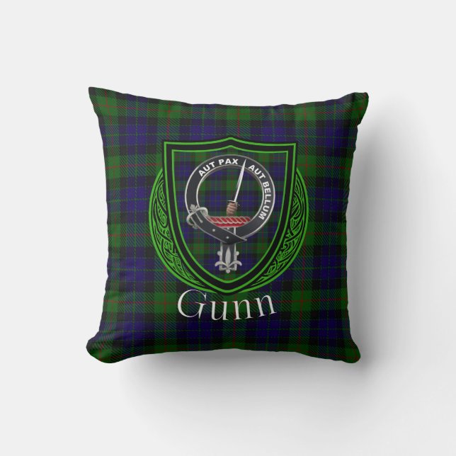 Gunn Scottish Clan Tartan & Crest Throw Pillow (Front)