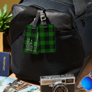 Gunn tartan green black plaid luggage tag