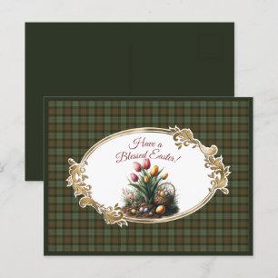 Gunn Weathered Scottish Tartan Easter Tulips Holiday Postcard