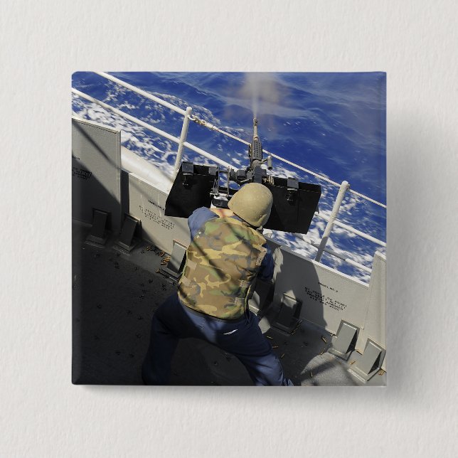 Gunners Mate firing a 50 calibre machine gun 2 Inch Square Button (Front)