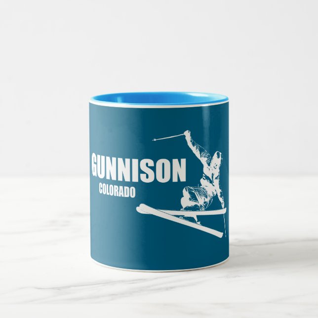 Gunnison Colorado Skier Two-Tone Coffee Mug (Center)