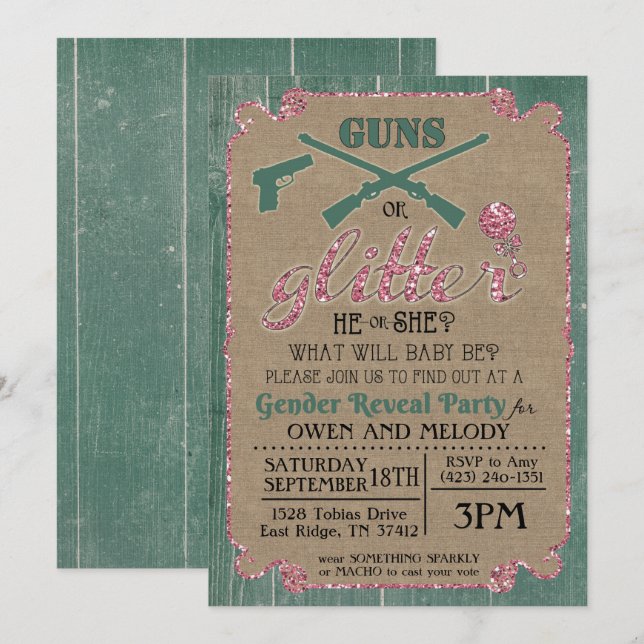 Guns or Glitter Gender Reveal Invitation (Front/Back)