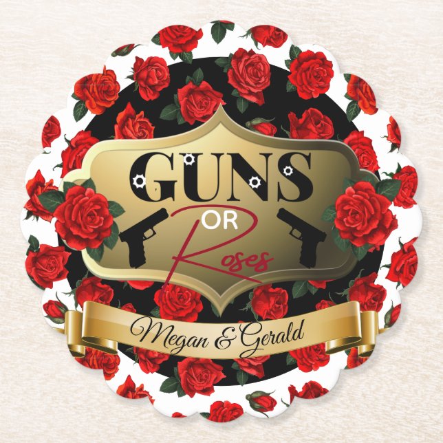 Guns or Roses Gender Reveal Baby Shower  Paper Coaster (Front)