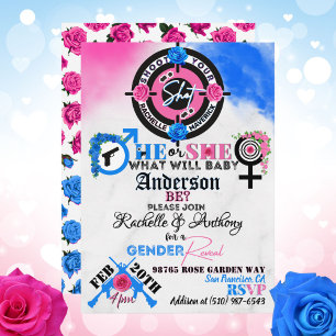 Guns or Roses Gender Reveal Pink Blue Baby Shower Invitation