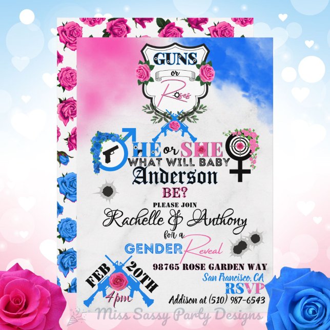 Guns or Roses Pink & Blue Gender Reveal  Invitation (Locked & Loaded for Baby! 💥Guns or Roses Pink & Blue Gender Reveal Invite for military & gun lovers)
