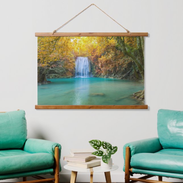 Gushing Waterfall Turquoise Water Golden Fall Day Hanging Tapestry (Living Room)