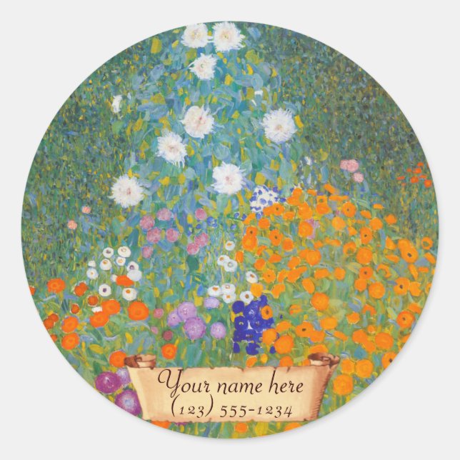 Gustav Klimt "Bauerngarten" Bookplate Classic Round Sticker (Front)