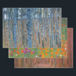 Gustav Klimt Beech Tree Forest Grove Wrapping Paper Sheet<br><div class="desc">This is based on classic nature painting artworks by Gustav Klimt, Beech Grove 1, 1902. The artwork portrays a dense forest of tall, slender birch trees, with pale trunks marked by dark, vertical lines. The foliage is depicted in shades of blue, green, and yellow, adding a sense of depth and...</div>