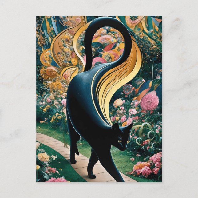 Gustav Klimt Black Cat In a Flower Garden, Cat Art Postcard (Front)