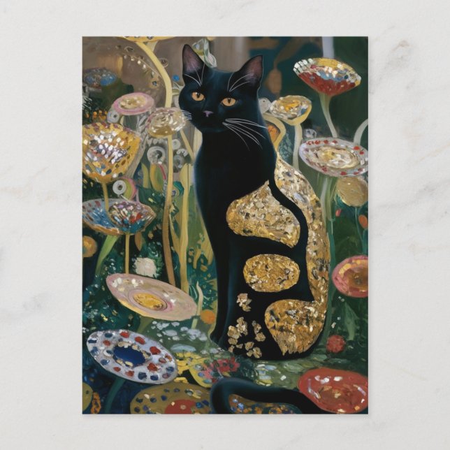 Gustav Klimt Black Cat In a Flower Garden, CAT ART Postcard (Front)