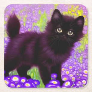 Gustav Klimt Black Kitten Square Paper Coaster
